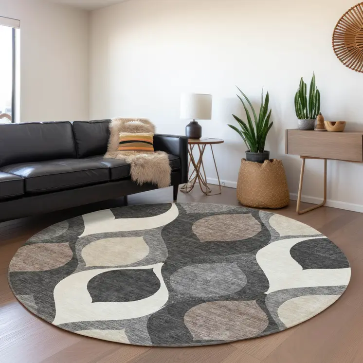 8' Gray Beige And Taupe Round Ogee Washable Indoor Outdoor Area Rug