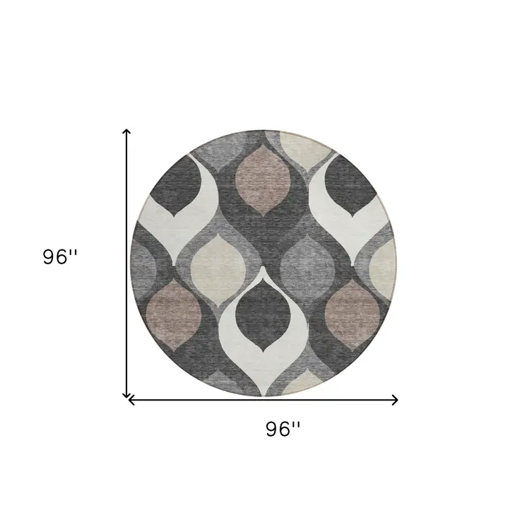 8' Gray Beige And Taupe Round Ogee Washable Indoor Outdoor Area Rug
