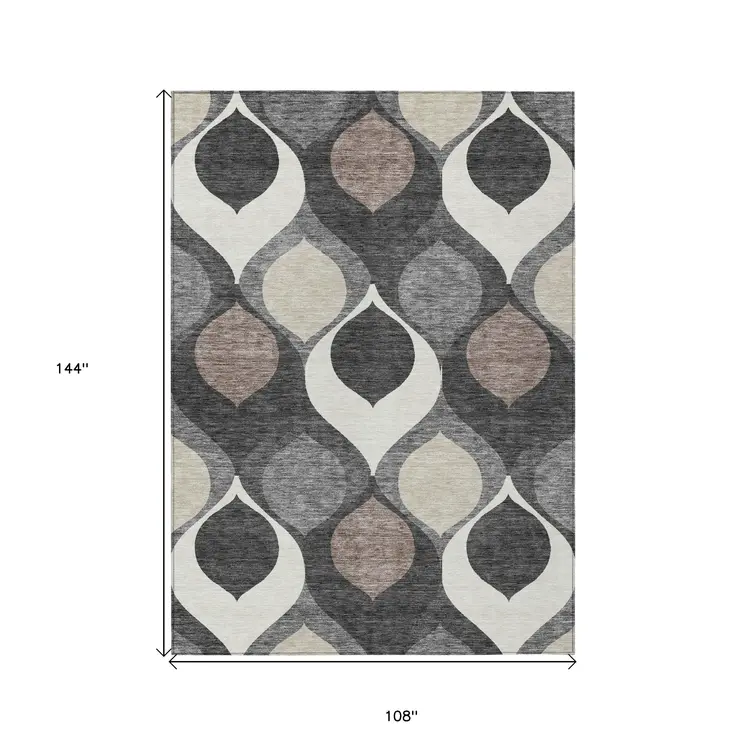 9' X 12' Gray Beige And Taupe Ogee Washable Indoor Outdoor Area Rug