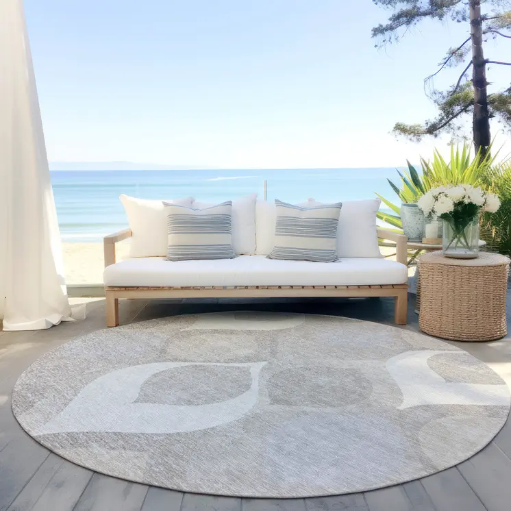 8' Ivory Beige And Tan Round Ogee Washable Indoor Outdoor Area Rug