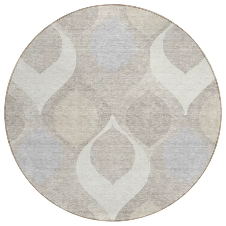 8' Ivory Beige And Tan Round Ogee Washable Indoor Outdoor Area Rug