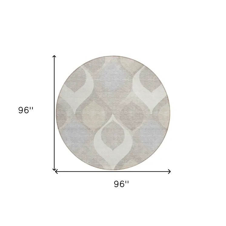 8' Ivory Beige And Tan Round Ogee Washable Indoor Outdoor Area Rug