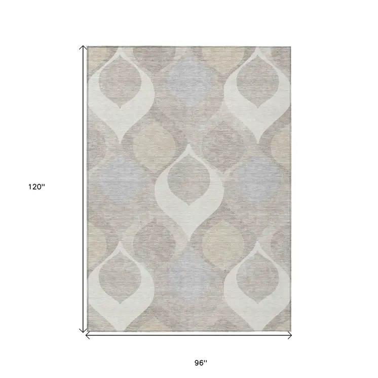 8' X 10' Ivory Beige And Tan Ogee Washable Indoor Outdoor Area Rug