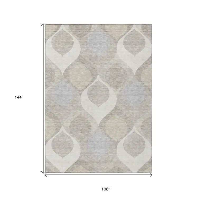 9' X 12' Ivory Beige And Tan Ogee Washable Indoor Outdoor Area Rug