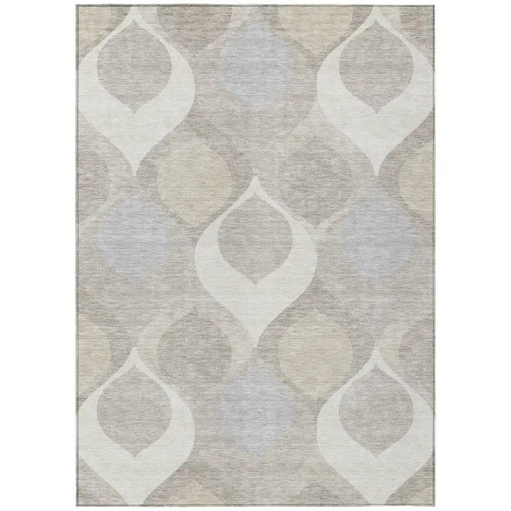9' X 12' Ivory Beige And Tan Ogee Washable Indoor Outdoor Area Rug