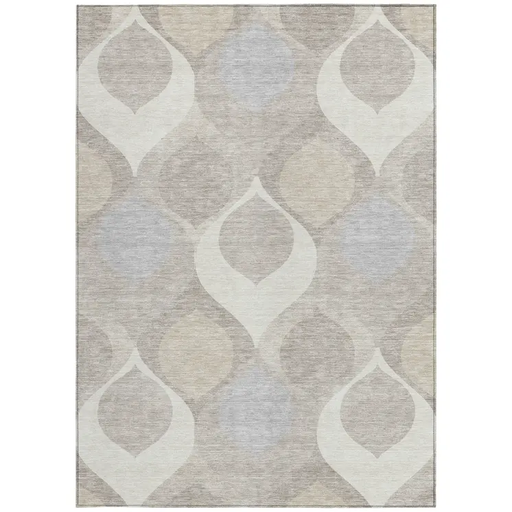 9' X 12' Ivory Beige And Tan Ogee Washable Indoor Outdoor Area Rug