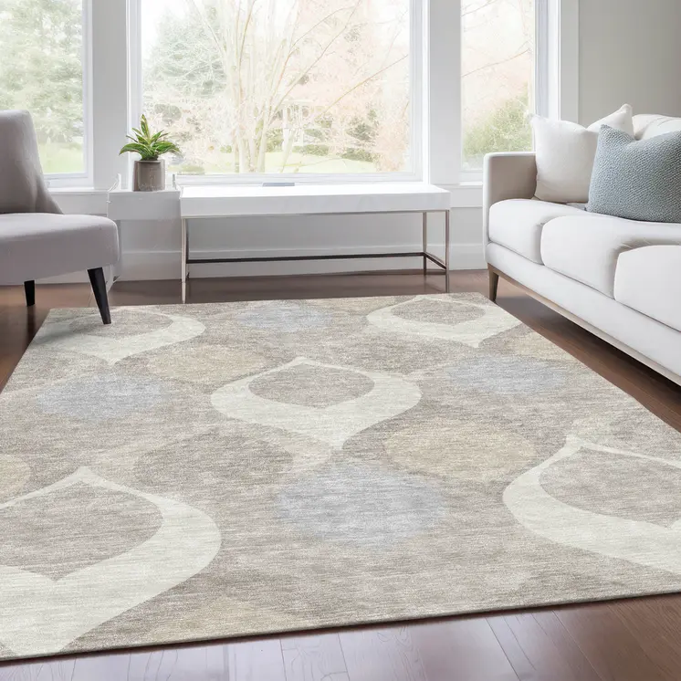 9' X 12' Ivory Beige And Tan Ogee Washable Indoor Outdoor Area Rug