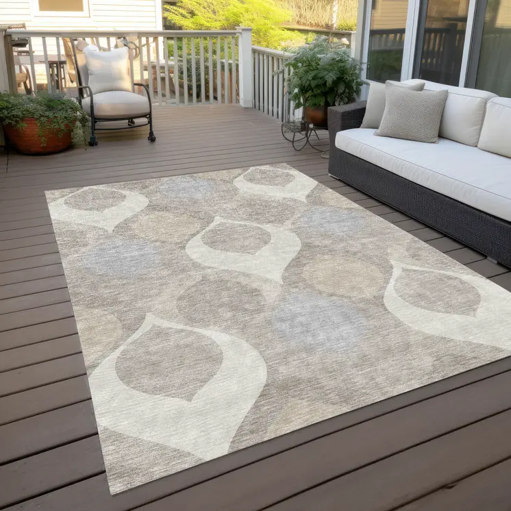 9' X 12' Ivory Beige And Tan Ogee Washable Indoor Outdoor Area Rug