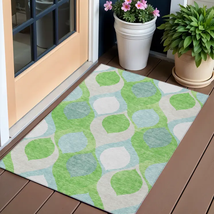 3' X 5' Lime Green Sky Blue And Denim Blue Ogee Washable Indoor Outdoor Area Rug