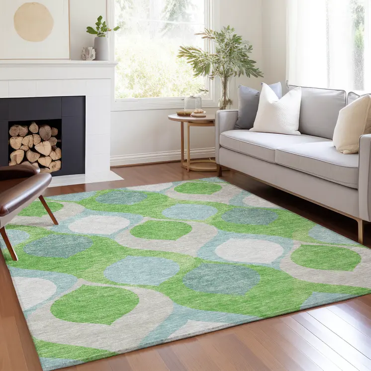 3' X 5' Lime Green Sky Blue And Denim Blue Ogee Washable Indoor Outdoor Area Rug
