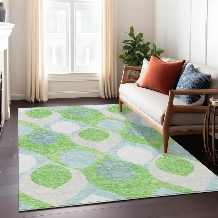 3' X 5' Lime Green Sky Blue And Denim Blue Ogee Washable Indoor Outdoor Area Rug