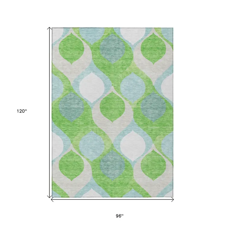 8' X 10' Lime Green Sky Blue And Denim Blue Ogee Washable Indoor Outdoor Area Rug