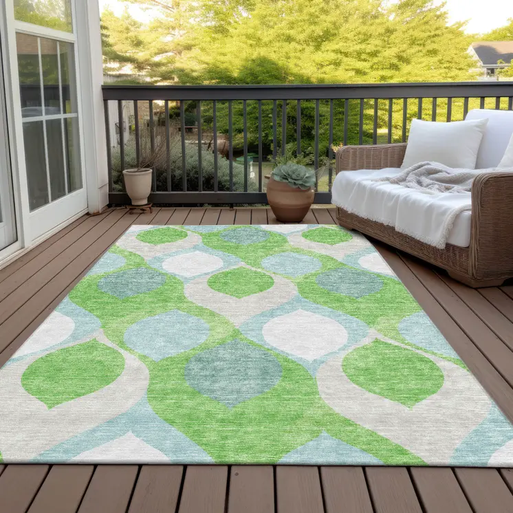 8' X 10' Lime Green Sky Blue And Denim Blue Ogee Washable Indoor Outdoor Area Rug
