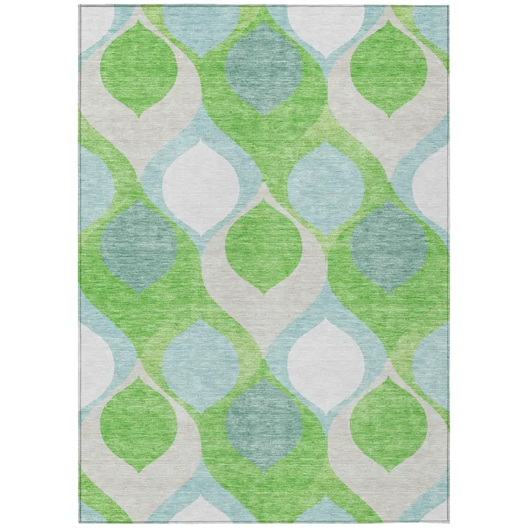 8' X 10' Lime Green Sky Blue And Denim Blue Ogee Washable Indoor Outdoor Area Rug