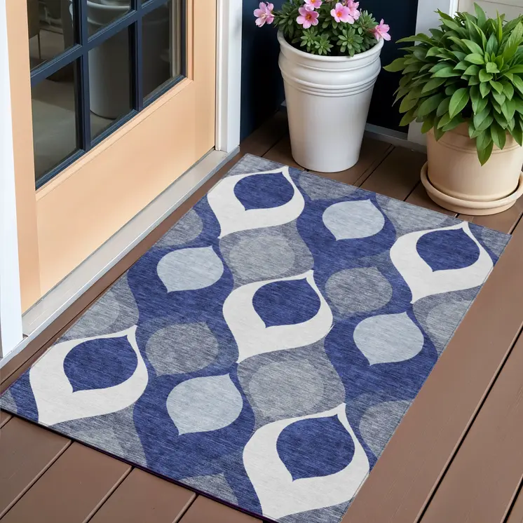 3' X 5' Navy Blue And Denim Blue Ogee Washable Indoor Outdoor Area Rug