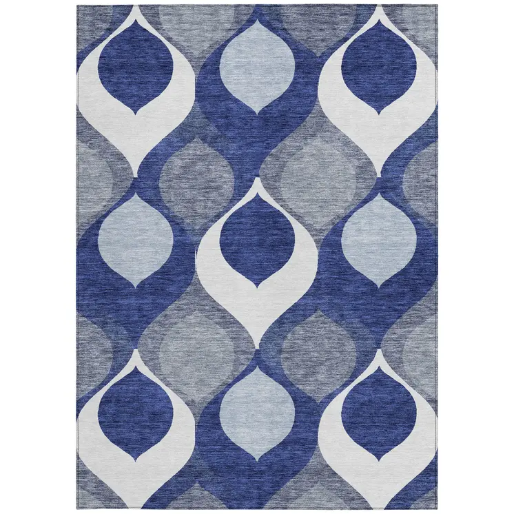 3' X 5' Navy Blue And Denim Blue Ogee Washable Indoor Outdoor Area Rug