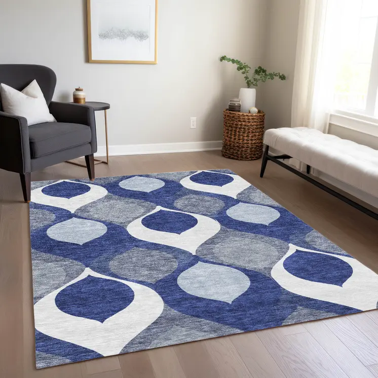 5' X 8' Navy Blue And Denim Blue Ogee Washable Indoor Outdoor Area Rug