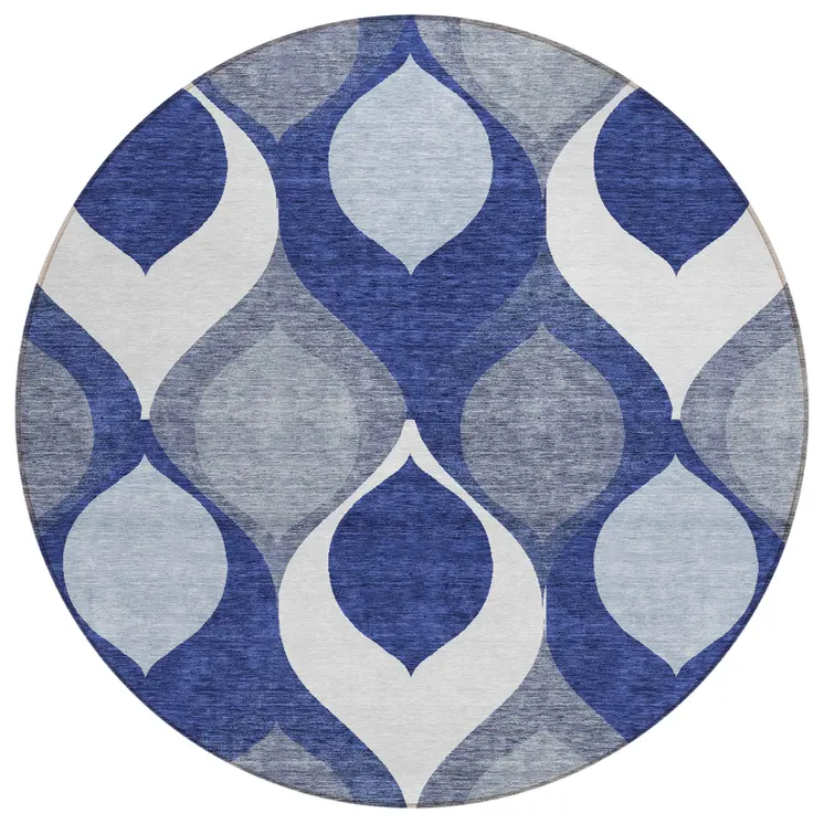 8' Navy Blue And Denim Blue Round Ogee Washable Indoor Outdoor Area Rug