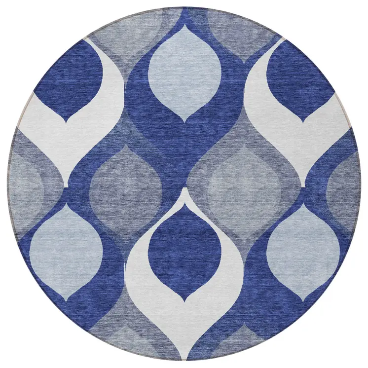 8' Navy Blue And Denim Blue Round Ogee Washable Indoor Outdoor Area Rug