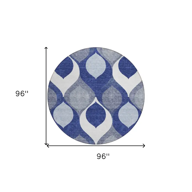 8' Navy Blue And Denim Blue Round Ogee Washable Indoor Outdoor Area Rug
