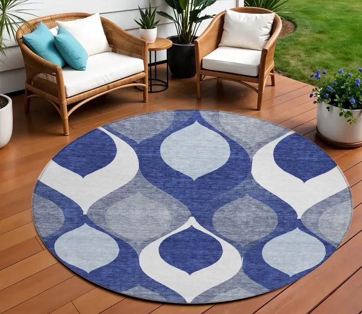 8' Navy Blue And Denim Blue Round Ogee Washable Indoor Outdoor Area Rug