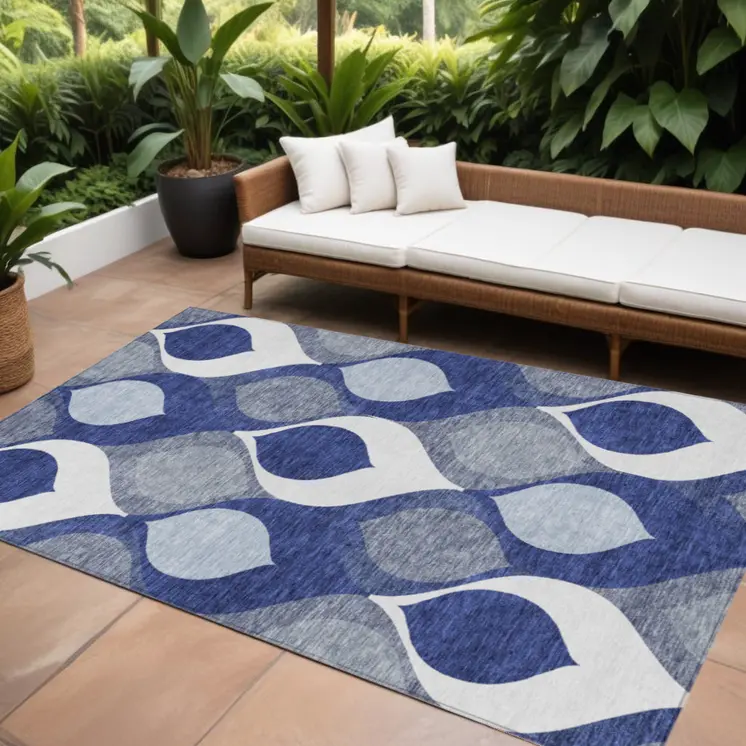 9' X 12' Navy Blue And Denim Blue Ogee Washable Indoor Outdoor Area Rug