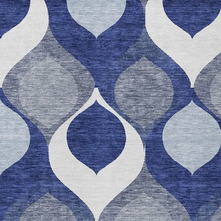 9' X 12' Navy Blue And Denim Blue Ogee Washable Indoor Outdoor Area Rug