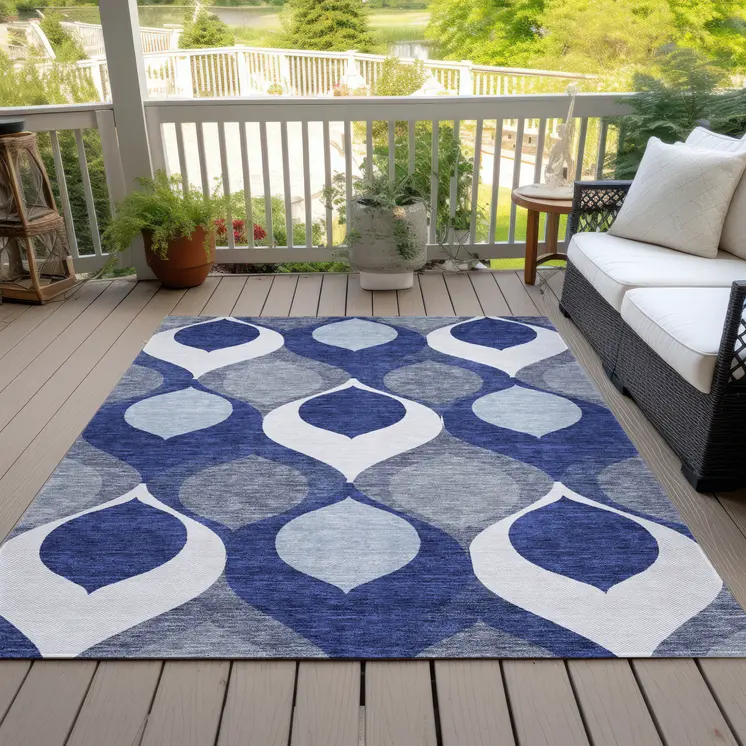 10' X 14' Navy Blue And Denim Blue Ogee Washable Indoor Outdoor Area Rug