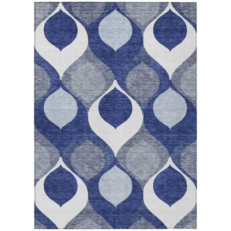 10' X 14' Navy Blue And Denim Blue Ogee Washable Indoor Outdoor Area Rug