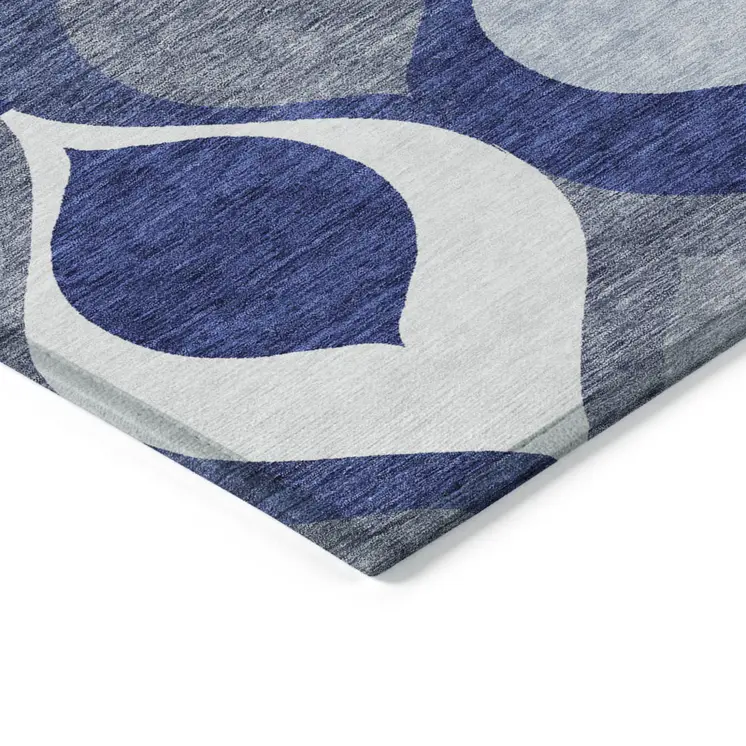 10' X 14' Navy Blue And Denim Blue Ogee Washable Indoor Outdoor Area Rug