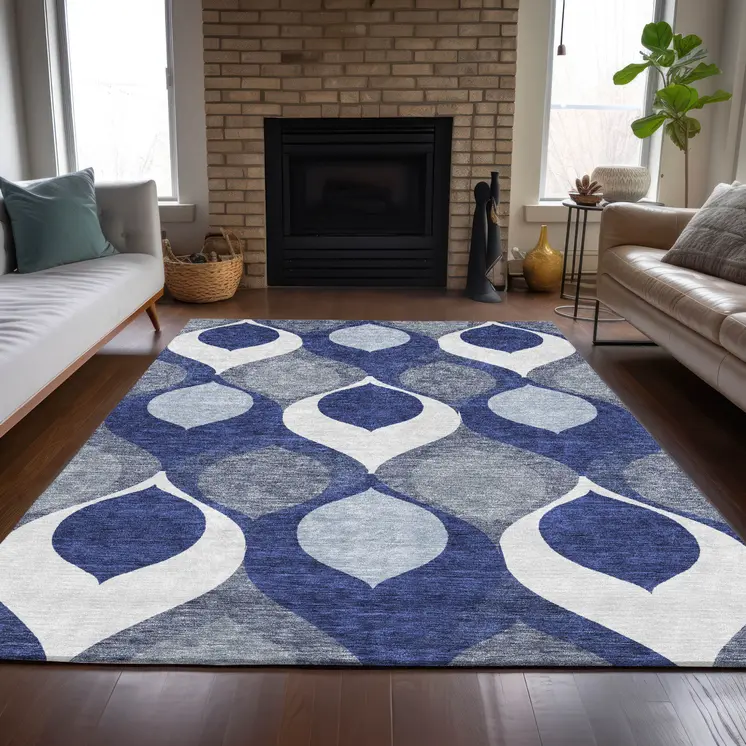 10' X 14' Navy Blue And Denim Blue Ogee Washable Indoor Outdoor Area Rug