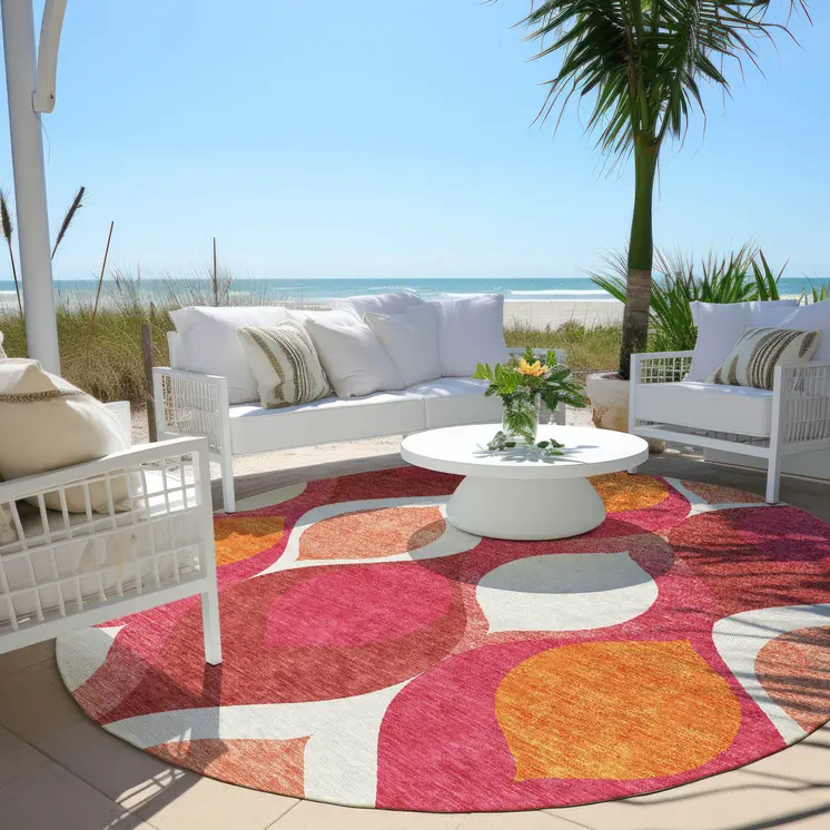 8' Pink Mauve And Orange Round Ogee Washable Indoor Outdoor Area Rug