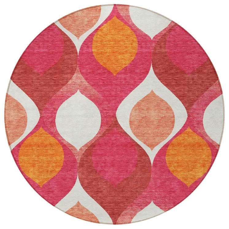 8' Pink Mauve And Orange Round Ogee Washable Indoor Outdoor Area Rug