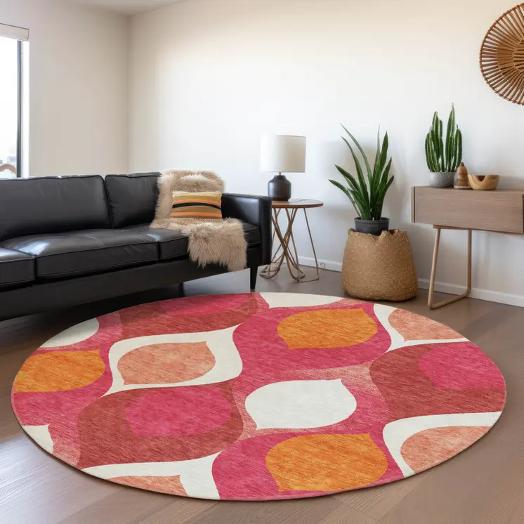 8' Pink Mauve And Orange Round Ogee Washable Indoor Outdoor Area Rug