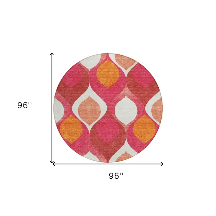 8' Pink Mauve And Orange Round Ogee Washable Indoor Outdoor Area Rug