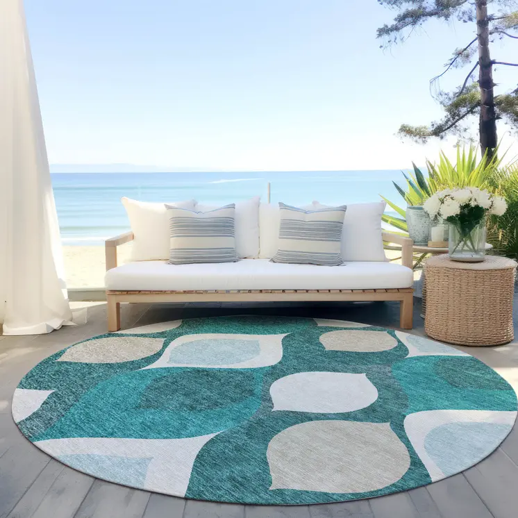 8' Teal Blue Sky Blue And Ivory Round Ogee Washable Indoor Outdoor Area Rug
