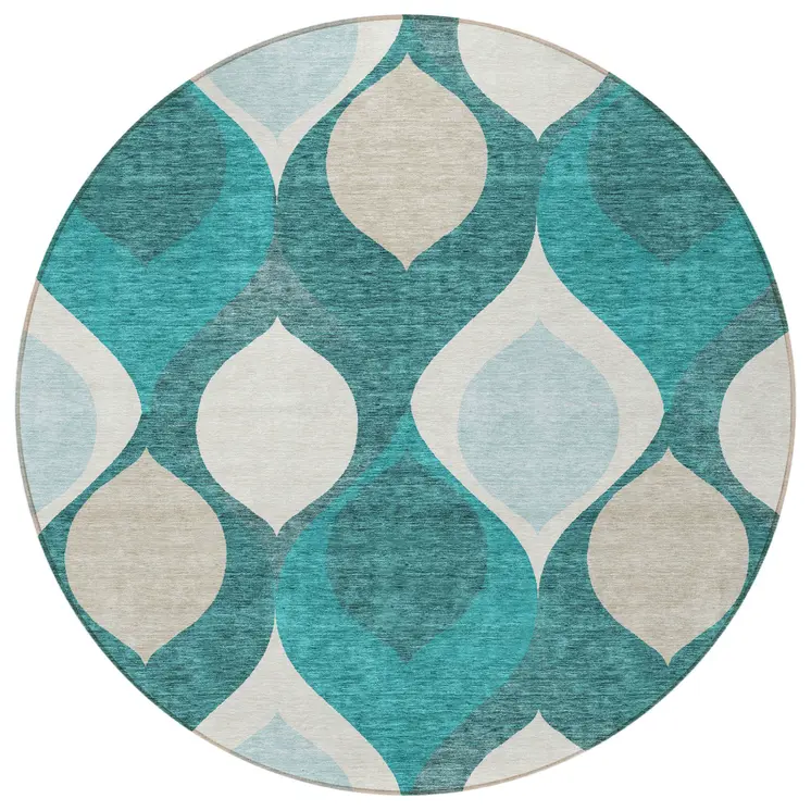 8' Teal Blue Sky Blue And Ivory Round Ogee Washable Indoor Outdoor Area Rug