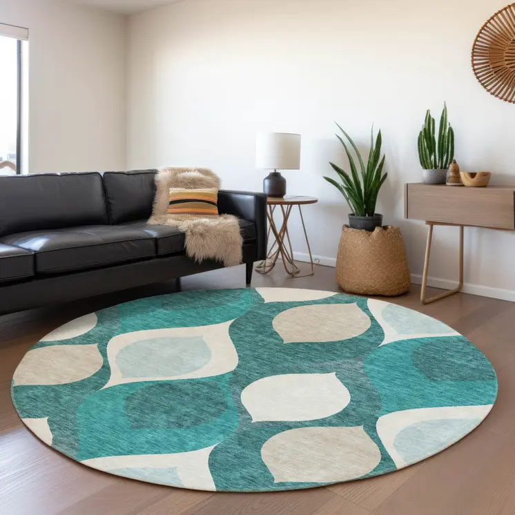 8' Teal Blue Sky Blue And Ivory Round Ogee Washable Indoor Outdoor Area Rug