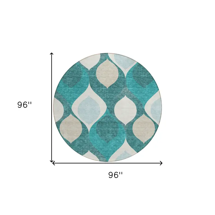 8' Teal Blue Sky Blue And Ivory Round Ogee Washable Indoor Outdoor Area Rug