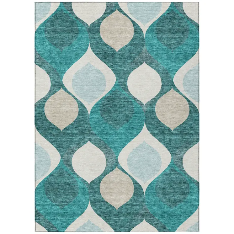 9' X 12' Teal Blue Sky Blue And Ivory Ogee Washable Indoor Outdoor Area Rug