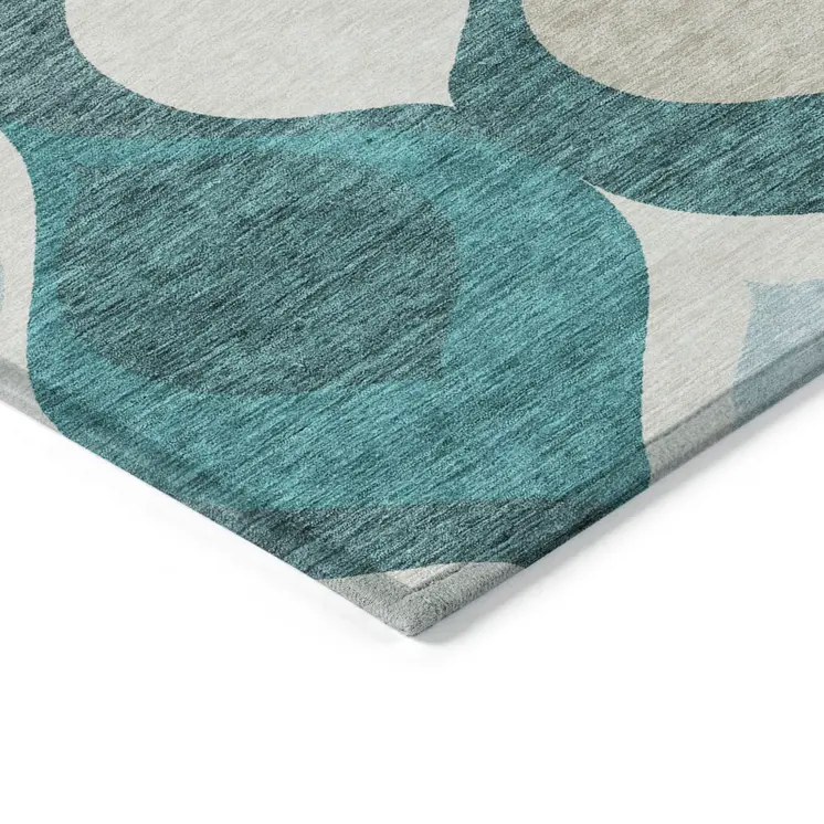 9' X 12' Teal Blue Sky Blue And Ivory Ogee Washable Indoor Outdoor Area Rug