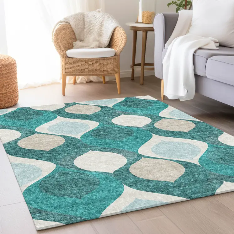 9' X 12' Teal Blue Sky Blue And Ivory Ogee Washable Indoor Outdoor Area Rug