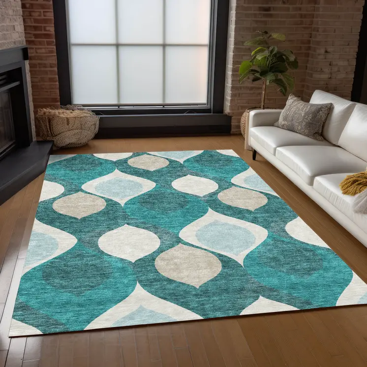 9' X 12' Teal Blue Sky Blue And Ivory Ogee Washable Indoor Outdoor Area Rug