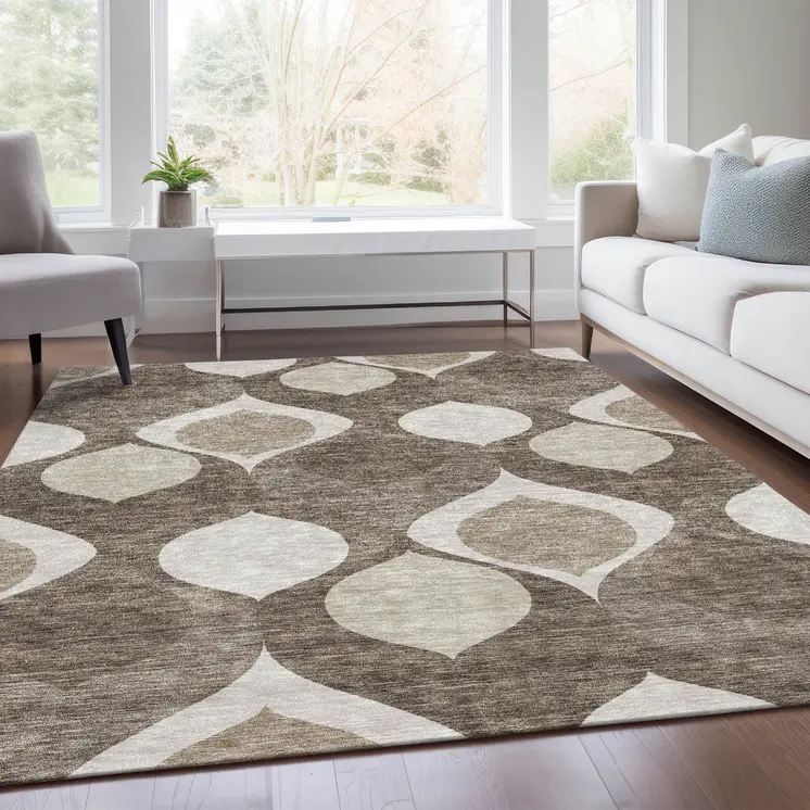 3' X 5' Taupe Beige And Brown Ogee Washable Indoor Outdoor Area Rug