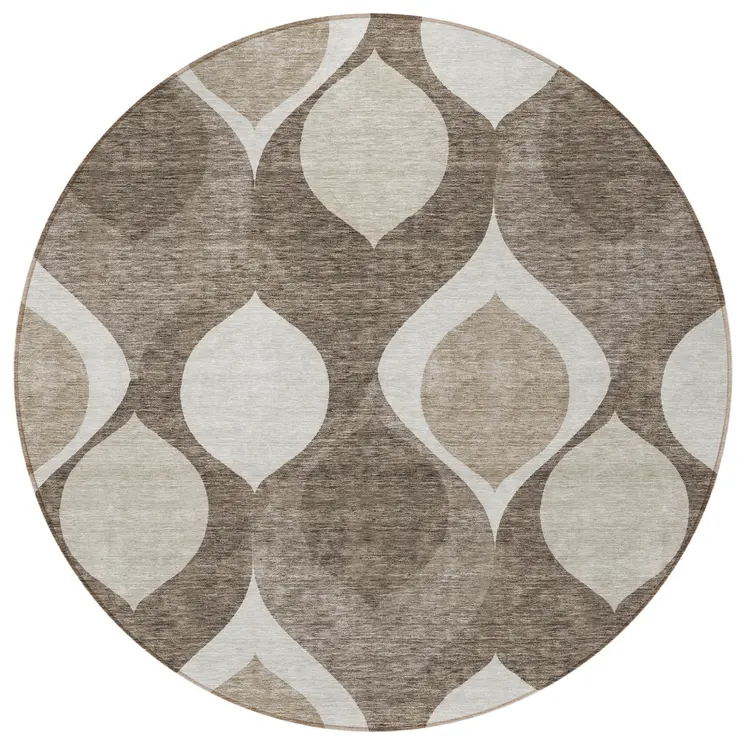 8' Taupe Beige And Brown Round Ogee Washable Indoor Outdoor Area Rug