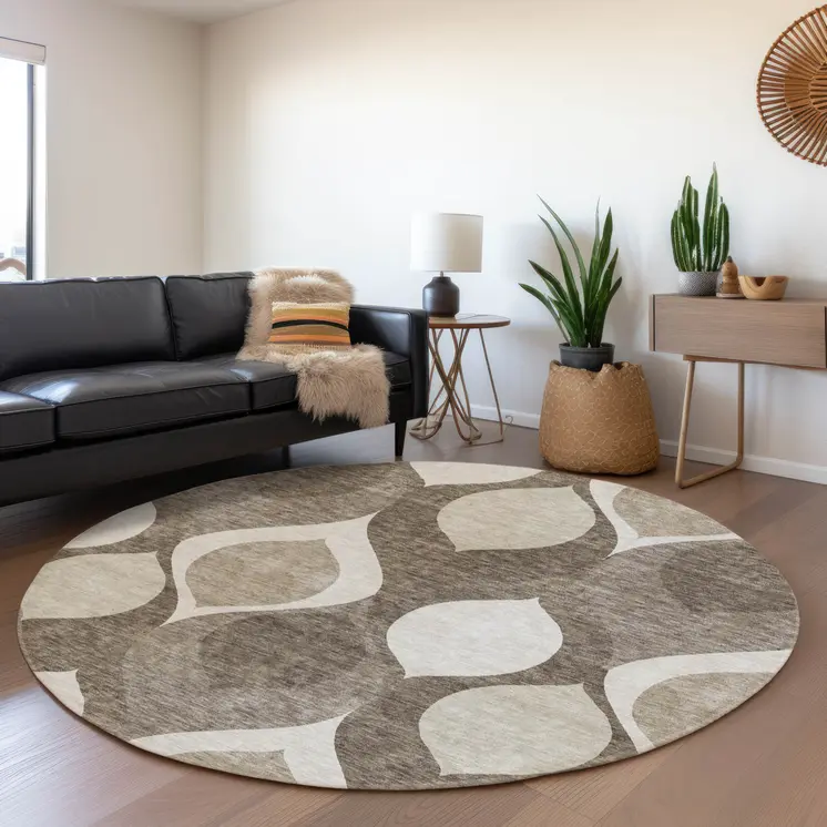 8' Taupe Beige And Brown Round Ogee Washable Indoor Outdoor Area Rug