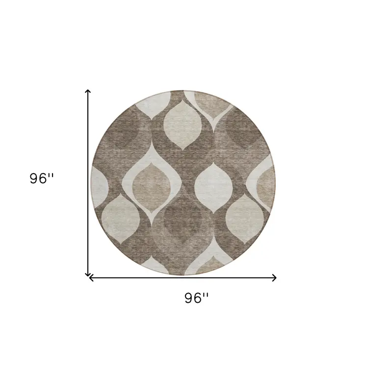 8' Taupe Beige And Brown Round Ogee Washable Indoor Outdoor Area Rug