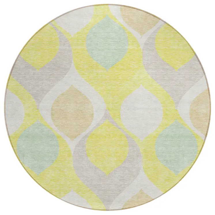 8' Yellow Mint Green And Beige Round Ogee Washable Indoor Outdoor Area Rug