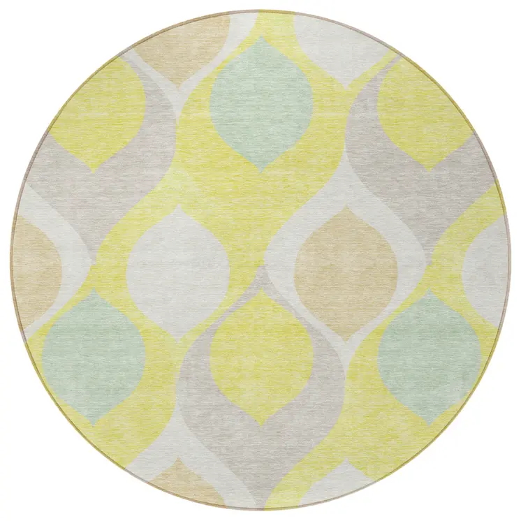 8' Yellow Mint Green And Beige Round Ogee Washable Indoor Outdoor Area Rug