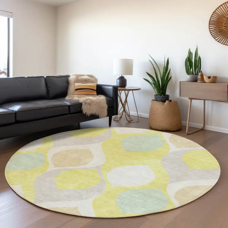 8' Yellow Mint Green And Beige Round Ogee Washable Indoor Outdoor Area Rug